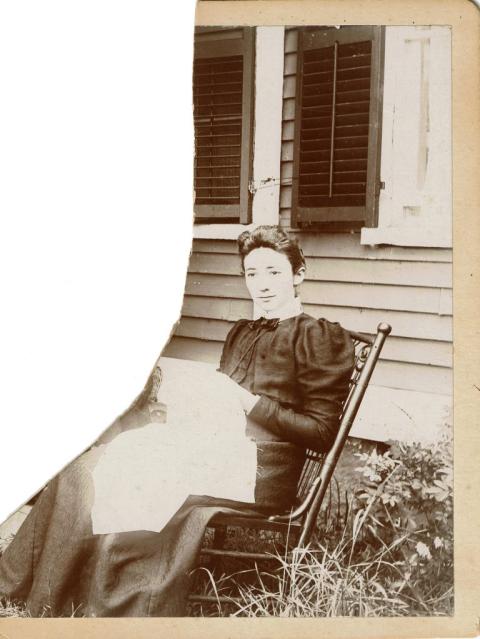 A cut-out photo of a youthful Ms. Bickford sewing from her early years at Wentworth Hall.