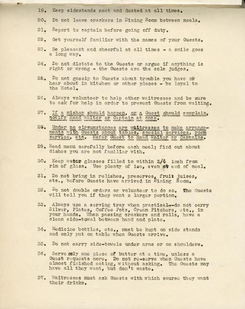 Maplewood Club Dining Room Rules, 1940