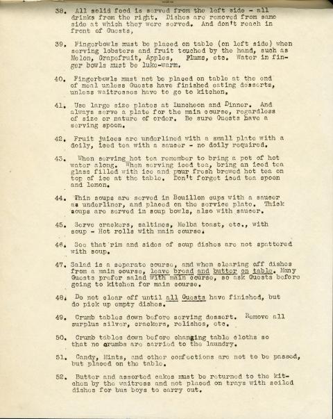 Maplewood Club Dining Room Rules, 1940