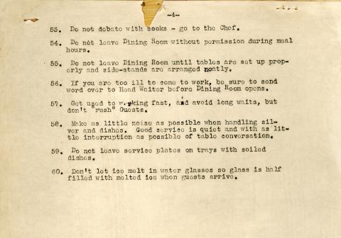 Maplewood Club Dining Room Rules, 1940