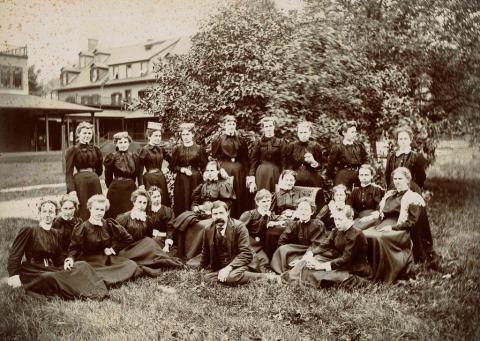 The Wentworth Hall “Table Girls”, circa 1897. Grace Bickford is second from the right, back row, looking toward the right of photo.