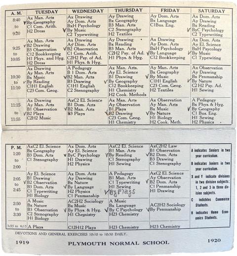 Plymouth State in 150 1920s class schedule 