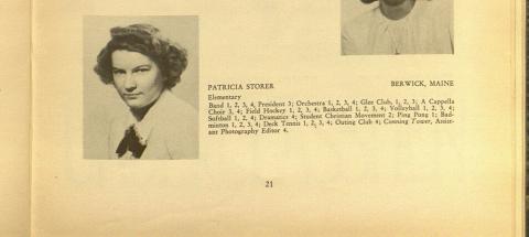 Plymouth State in 150 Objects exhibition 1940s Pat Storer yearbook profile