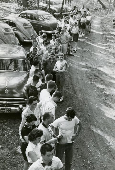 Plymouth State in 150 Objects 1950s students lining up in Langdon Woods