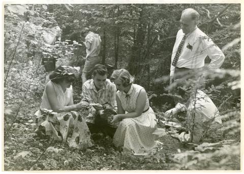 Plymouth State in 150 Objects 1950s professor Boyd in Langdon Woods with students