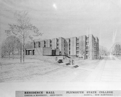 Plymouth State in 150 exhibition 1960s residence hall drawing