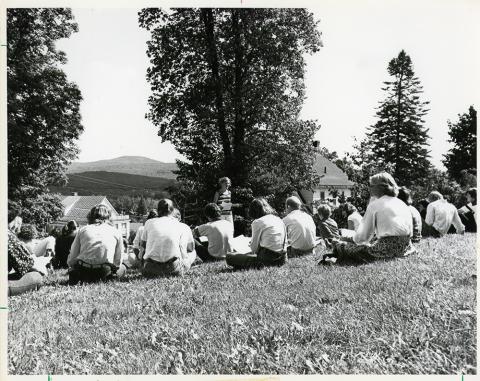Plymouth State in 150 exhibition 1970s students on Mary Lyon lawn