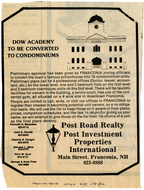 Pamphlet discussing the conversion of the Dow Acadey in Franconia into Condominiums