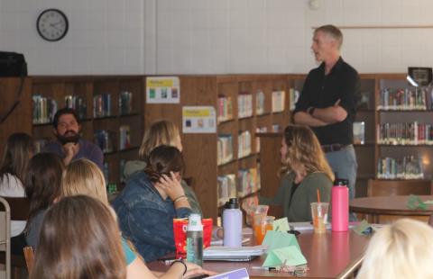 Plymouth State University Professor Kenneth Logan teaching a master’s degree course in the Franklin Middle School
