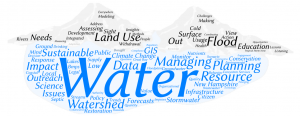 A blue body of water with 2 gray mountains above it with words from session titles in both areas from past NH Water & Watershed Conference titles.