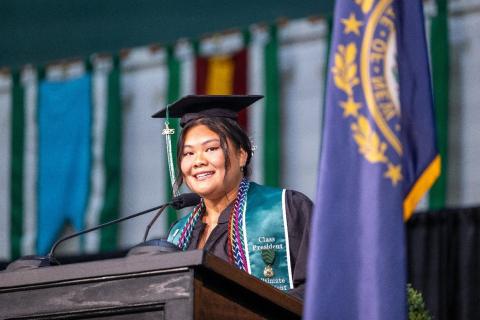 Class of 2025 president Olivia Griffin addresses fellow graduates.