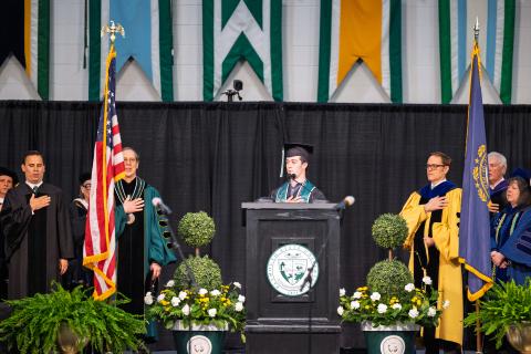 David Woltag leading the pledge of allegiance